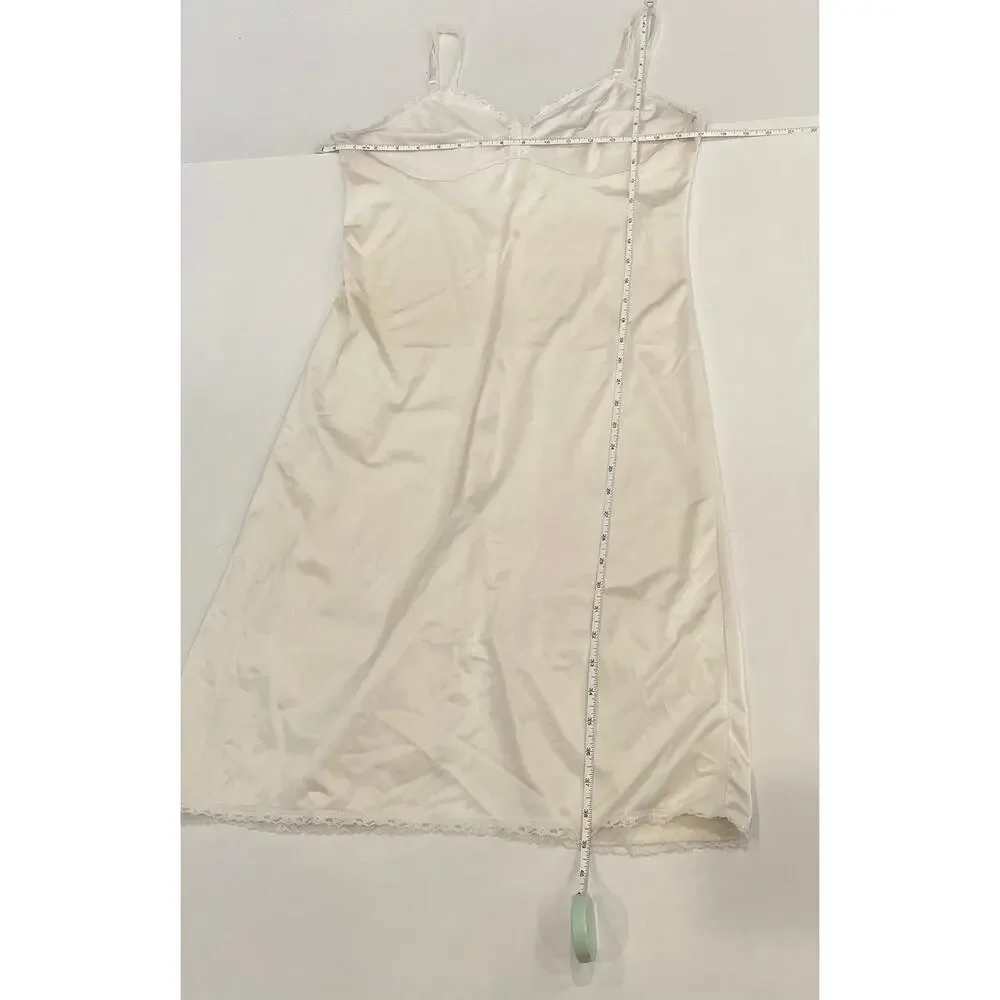 Vintage 80s Sears Ivory Satin Slip Dress, Lace Trim, Size 36, M